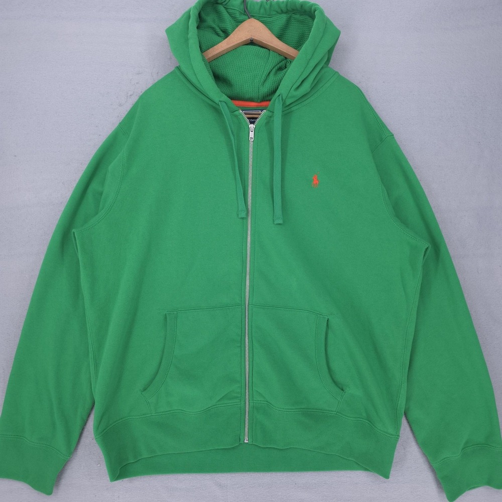 Polo Ralph Lauren Hoodie Mens 2XL Green Full Zip Fleece Sweatshirt Pony Thermal